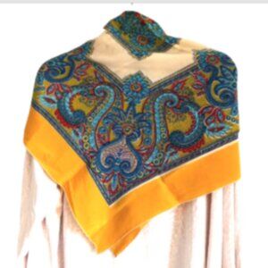 Scarf Womens Square 32X32" Paisley Center Mustard Yellow border